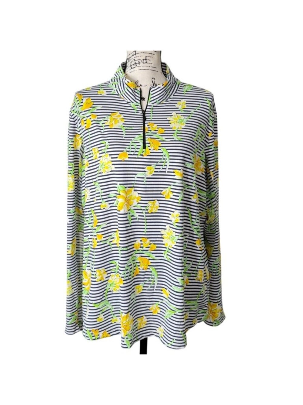 IBKUL Womens Size XXL Top Long Sleeve 1/4 Zip Sun Shirt Floral Stripe Yellow Gra